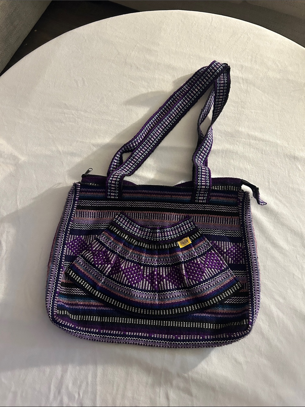 Purple Striped Woven Tote with Removable Pouch